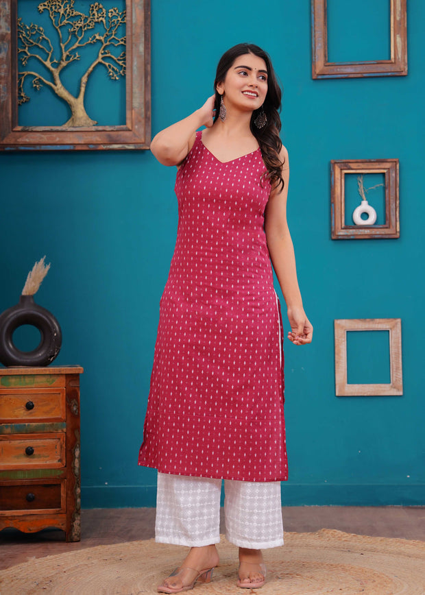 Women Pink Printed Straight Shoulder Straps Kurta
