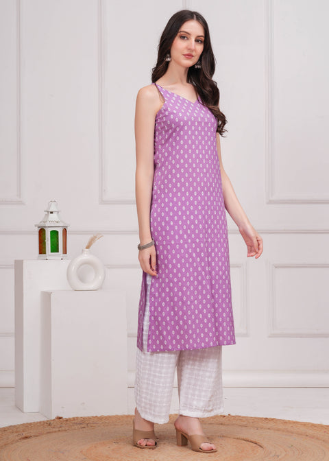 Women Purple Printed Straight Shoulder Straps Kurta