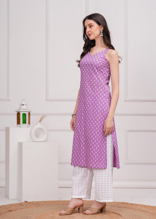 Women Purple Printed Straight Shoulder Straps Kurta