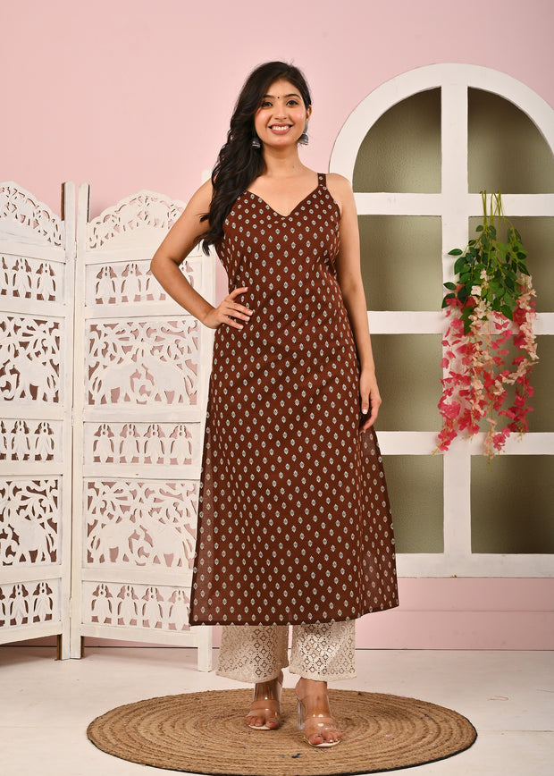 Women Brown Printed Straight Shoulder Straps Kurta