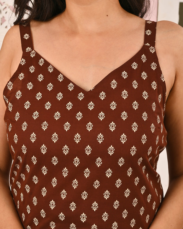Women Brown Printed Straight Shoulder Straps Kurta