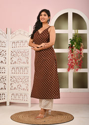 Women Brown Printed Straight Shoulder Straps Kurta