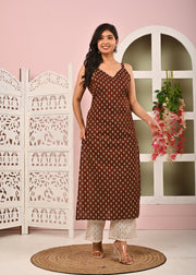 Women Brown Printed Straight Shoulder Straps Kurta