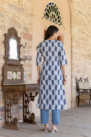 Women Blue Printed Straight Kurta with Three Quarter Sleeves