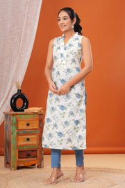 Off White Floral Printed Straight Sleeveless Kurta for Women