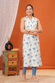 Off White Floral Printed Straight Sleeveless Kurta for Women