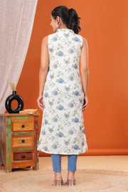 Off White Floral Printed Straight Sleeveless Kurta for Women