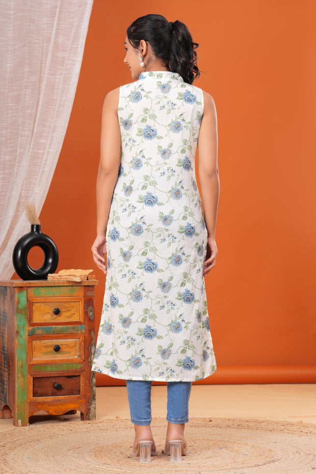 Off White Floral Printed Straight Sleeveless Kurta for Women