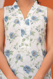 Off White Floral Printed Straight Sleeveless Kurta for Women