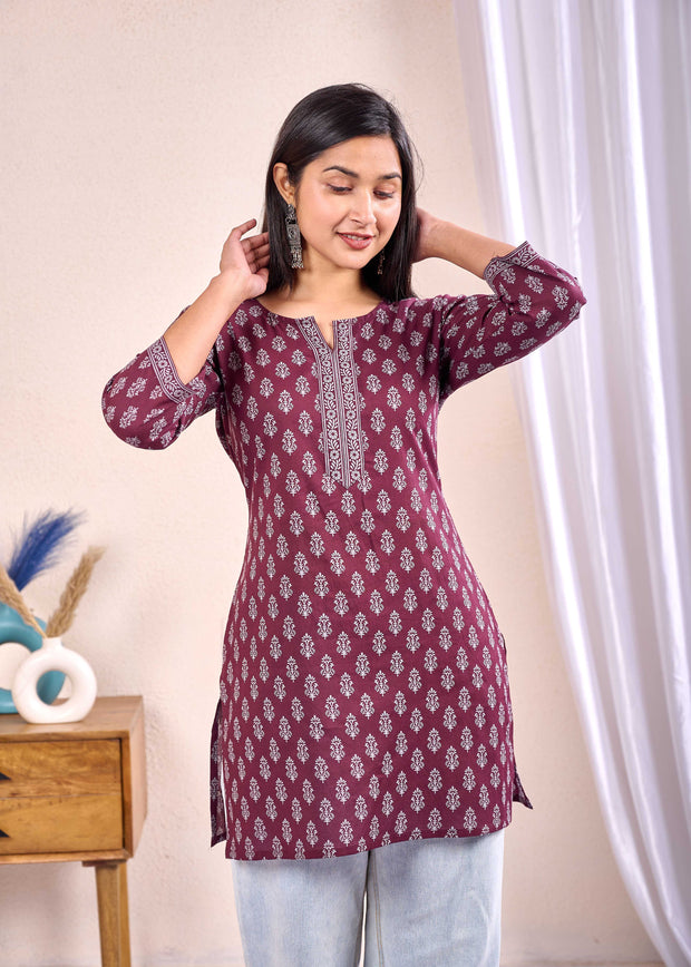Women Burgundy Printed Straight Tunic