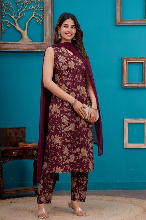 Burgundy Printed Straight Kurta Set With Dupatta for Women