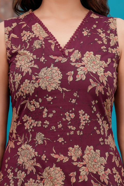 Burgundy Printed Straight Kurta Set With Dupatta for Women