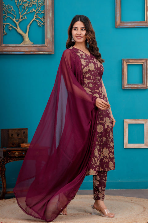 Burgundy Printed Straight Kurta Set With Dupatta for Women
