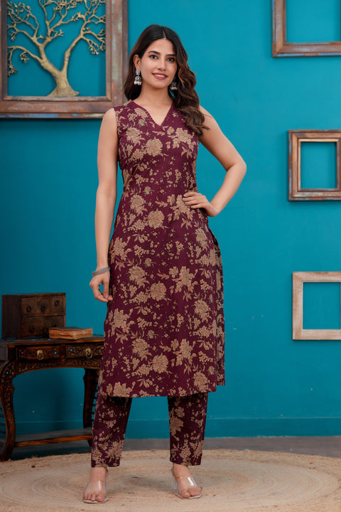 Burgundy Printed Straight Kurta Set With Dupatta for Women