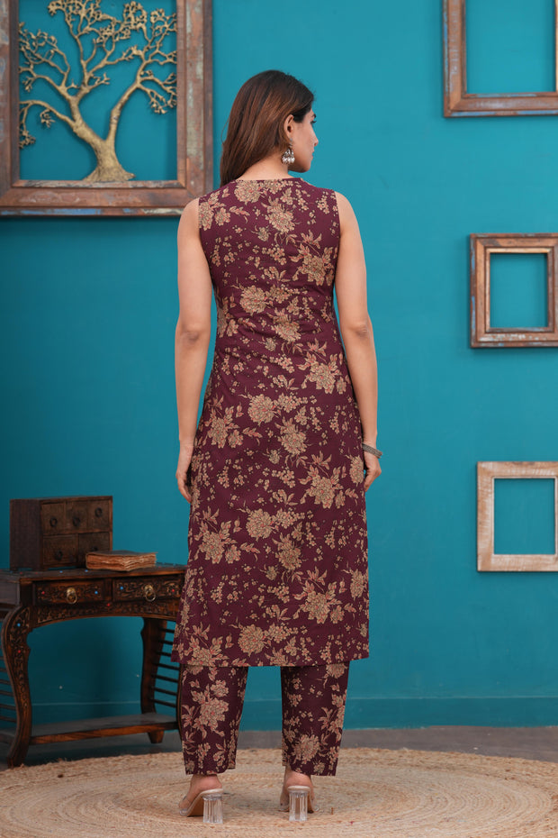 Burgundy Printed Straight Kurta Set With Dupatta for Women
