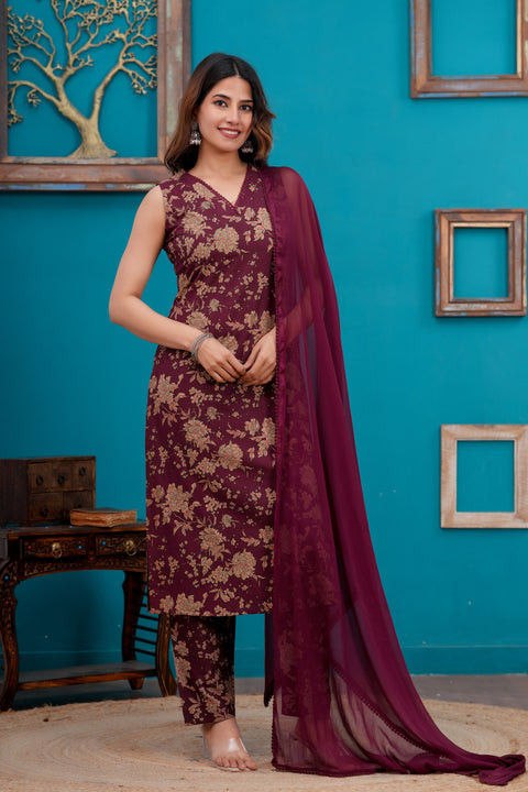 Burgundy Printed Straight Kurta Set With Dupatta for Women