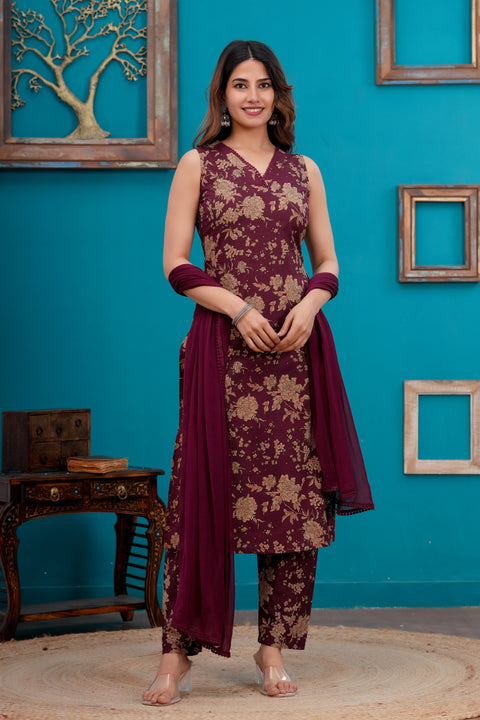 Burgundy Printed Straight Kurta Set With Dupatta for Women