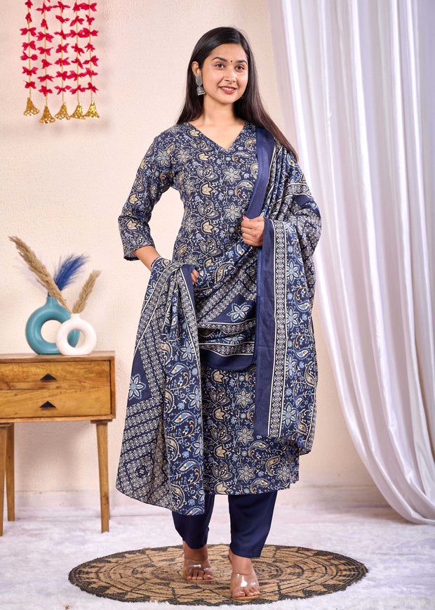 Navy Blue Printed Straight Kurta Set With Dupatta for Women