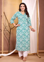 Turquoise Blue Printed Straight Kurta with Three Quarter Sleeves