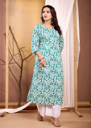 Turquoise Blue Printed Straight Kurta with Three Quarter Sleeves