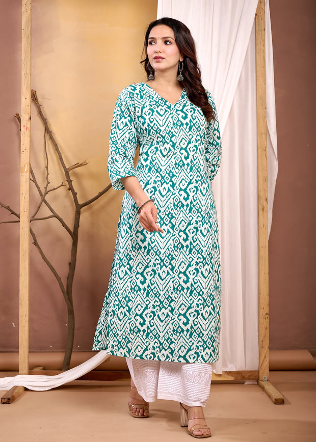 Turquoise Blue Printed Straight Kurta with Three Quarter Sleeves