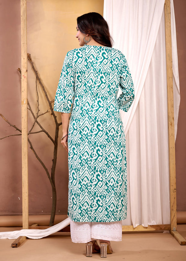 Turquoise Blue Printed Straight Kurta with Three Quarter Sleeves