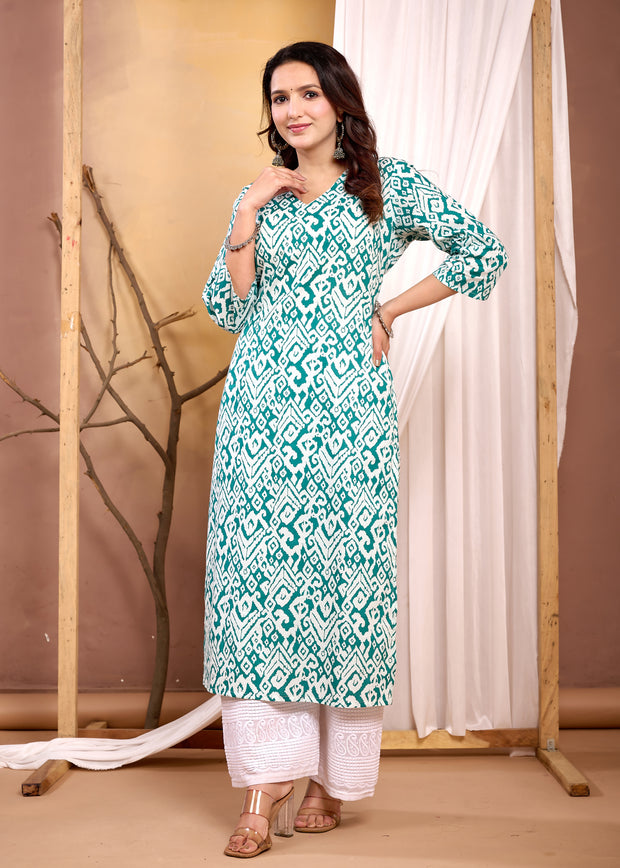 Turquoise Blue Printed Straight Kurta with Three Quarter Sleeves
