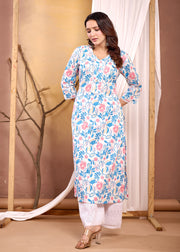 Off White Printed Straight Kurta with Three Quarter Sleeves