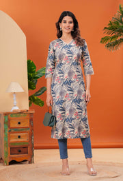 Off White Printed Straight Kurta with Three Quarter Sleeves