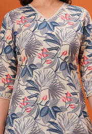 Off White Printed Straight Kurta with Three Quarter Sleeves