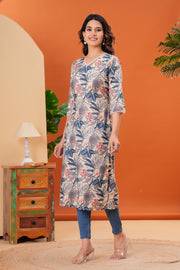 Off White Printed Straight Kurta with Three Quarter Sleeves