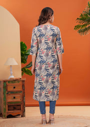 Off White Printed Straight Kurta with Three Quarter Sleeves