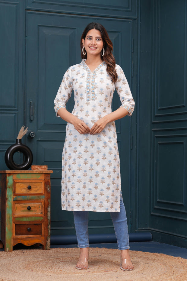 Off White Printed Straight Kurta with Three Quarter Sleeves