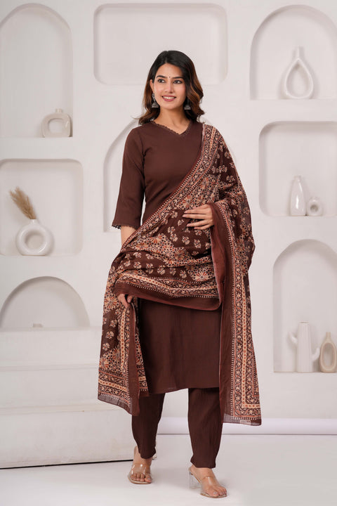 Brown Solid Kurta Set With Printed Dupatta For Women
