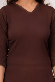 Brown Solid Kurta Set With Printed Dupatta For Women