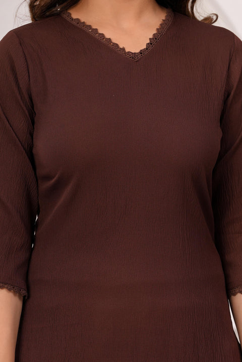 Brown Solid Kurta Set With Printed Dupatta For Women