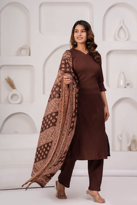 Brown Solid Kurta Set With Printed Dupatta For Women
