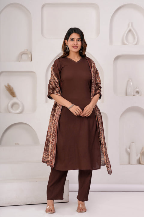 Brown Solid Kurta Set With Printed Dupatta For Women
