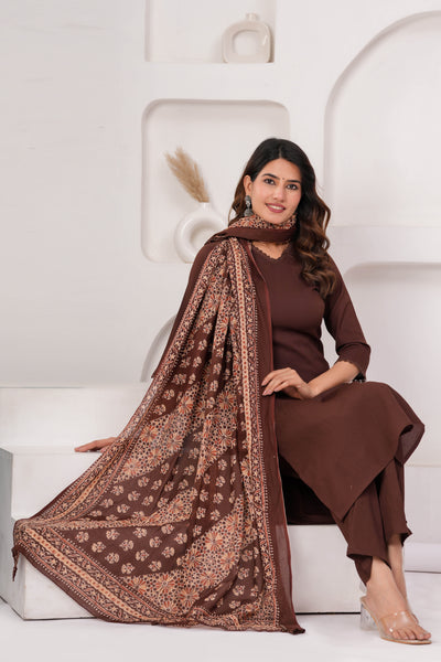 Brown Solid Kurta Set With Printed Dupatta For Women