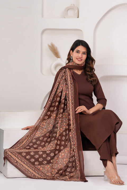 Brown Solid Kurta Set With Printed Dupatta For Women