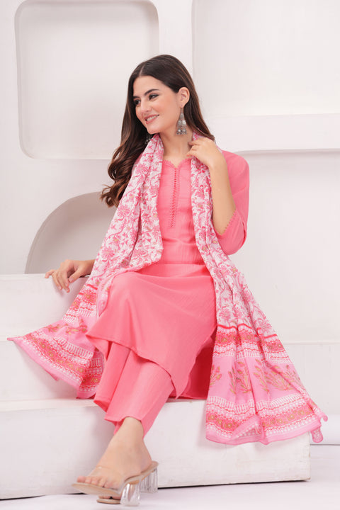 Pink Solid Kurta Set With Printed Dupatta For Women