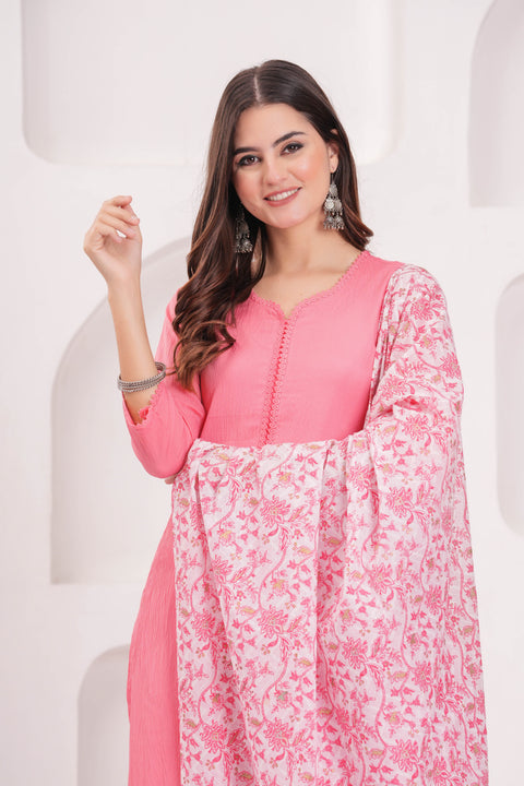 Pink Solid Kurta Set With Printed Dupatta For Women