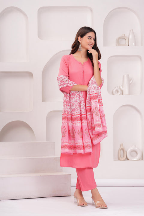 Pink Solid Kurta Set With Printed Dupatta For Women