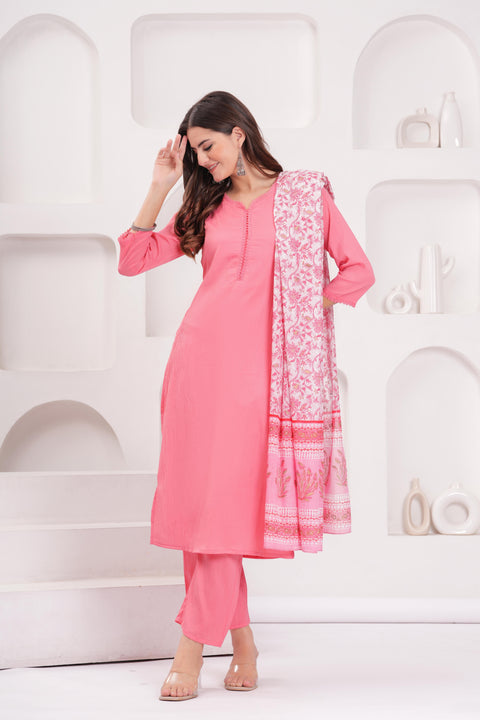 Pink Solid Kurta Set With Printed Dupatta For Women