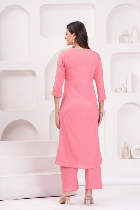 Pink Solid Kurta Set With Printed Dupatta For Women