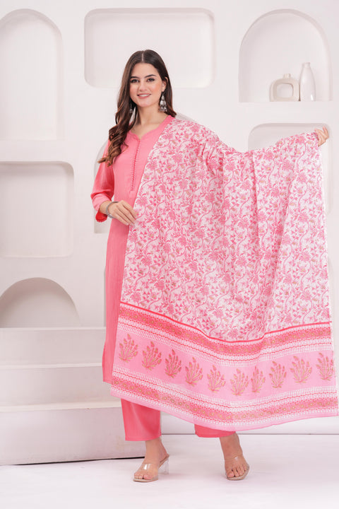 Pink Solid Kurta Set With Printed Dupatta For Women
