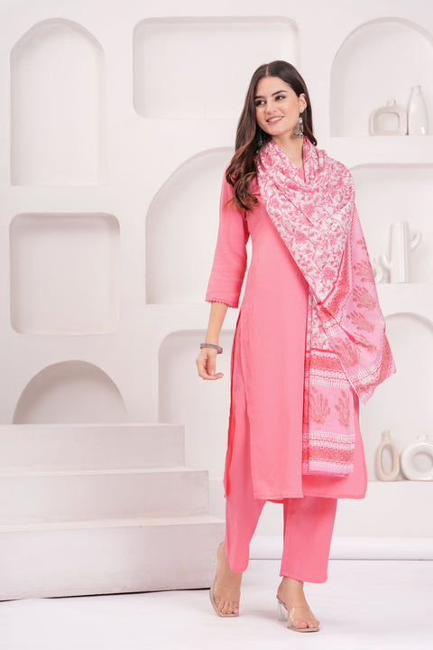 Pink Solid Kurta Set With Printed Dupatta For Women
