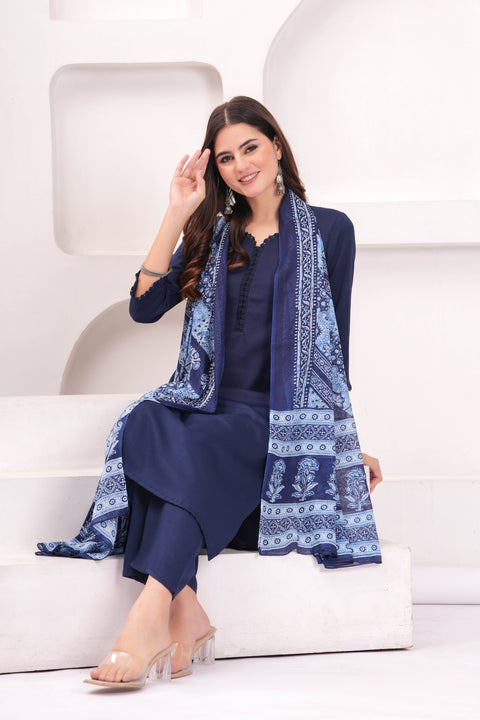 Navy Blue Solid Kurta Set With Printed Dupatta For Women