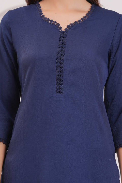 Navy Blue Solid Kurta Set With Printed Dupatta For Women