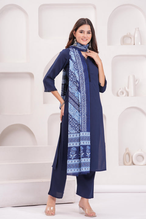 Navy Blue Solid Kurta Set With Printed Dupatta For Women